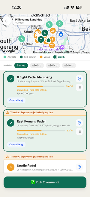 Midcourt venue finder — peta titik tengah dan daftar venue padel fair